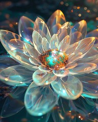 A bloom with petals of sheer crystal reflecting the universe within its core