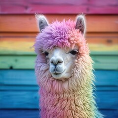 Fototapeta premium Portrait of a cute rainbow colored alpaca in front of colorful wooden wall