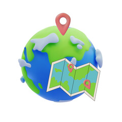 Cartoon planet Earth 3d vector icon white flat map on white background, a trip around the world  illustration 3D, vacation illustration 