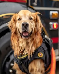 A golden retriever in a firefighters uniform standing proudly next to a fire hose