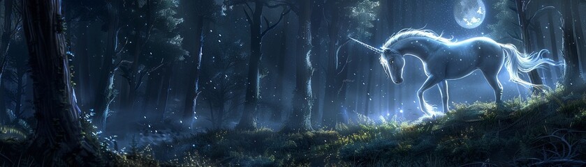 A graceful spiraled unicorn with bioluminescent fur standing in a moonlit forest - obrazy, fototapety, plakaty