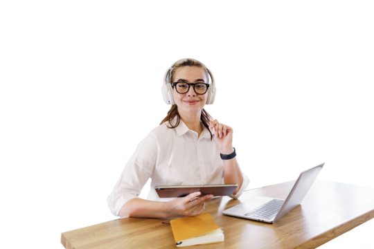 Consultation center The consultant operator talks a call with the client using a headset and headphones in the company. Transparent background.
