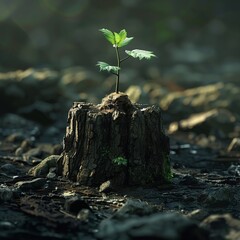 A powerful visual metaphor of a thriving, verdant tree sprouting from the core of a weathered, ancient stump, serving as a symbol of endurance