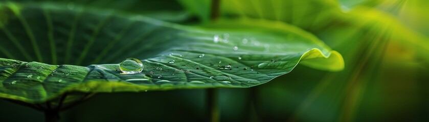 A single dewdrop on a lotus leaf, refracting light in a mesmerizing pattern
