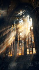 the grandeur of a stained glass window within a cathedral, bathed in the golden light of a setting or rising sun