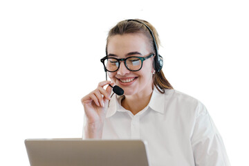 A female friendly consultant operator is talking a call with a client using a headset and headphones office employee workplace. Transparent background.