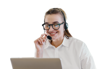 A female friendly consultant operator is talking a call with a client using a headset and headphones office employee workplace. Transparent background.