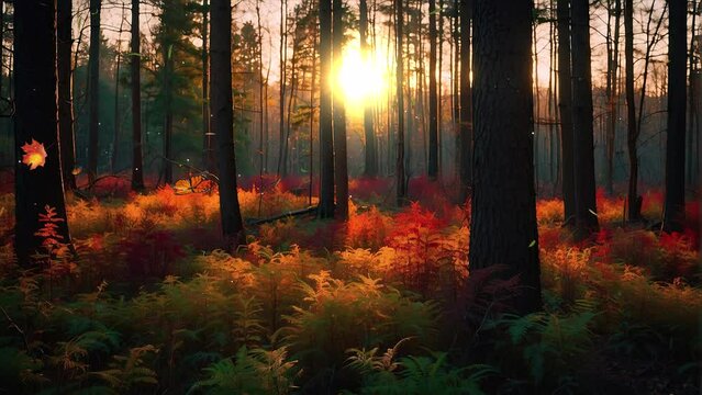 Autumn Sunrise in the Forest: 4K Looping Video Showing Trees and Bushes Illuminated by the Morning Sun.