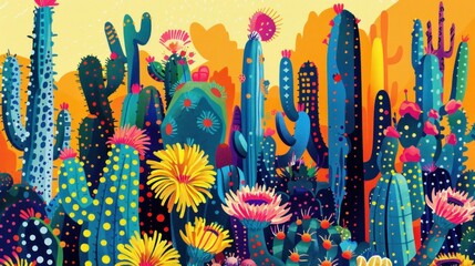 Vibrant Desert Landscape with Blooming Cacti and Colorful Flora in the Arid Wilderness