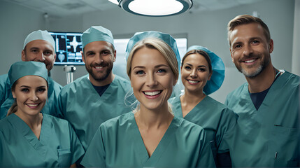 Medical team includes surgeon, nurse, assistant are celebrating a successful surgery in operating room
 - Powered by Adobe