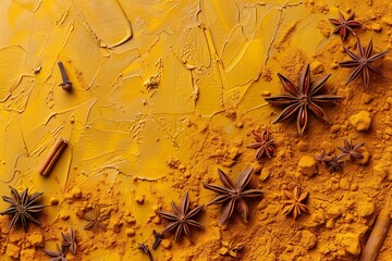 table covered in curcumin powder with star anise and cinnamon pattern, top view, indian cuisine