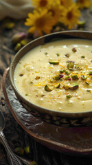 A bowl of creamy rasmalai discs floating in thickened milk, garnished with saffron strands, chopped pistachios, and silver vark, delicious food style, blur background, natural look - obrazy, fototapety, plakaty