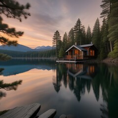 a serene lakeside cabin nestled among towering pine trees | lake bled country | sunset on the lake | lake in the mountains