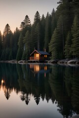 Fototapeta premium a serene lakeside cabin nestled among towering pine trees | lake bled country | sunset on the lake | lake in the mountains