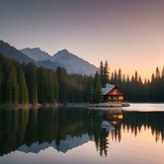 Obraz premium a serene lakeside cabin nestled among towering pine trees | lake bled country | sunset on the lake | lake in the mountains