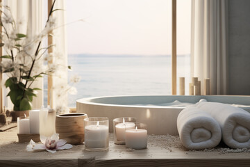 Serene spa essentials with candles and orchids by the window at dusk, offering a peaceful and...