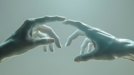 Two hands almost touching with ethereal glow - obrazy, fototapety, plakaty