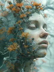 Ethereal digital artwork featuring a head intertwined with cordyceps fungi, inviting viewers into a world of mystery and transformation.