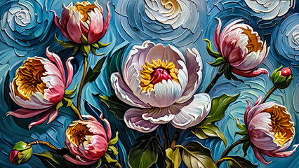 Lavish Peonies in Oil: A Study in Cobalt and Crimson