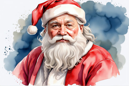Colorful Santa Claus portrait watercolor illustration holiday seasonal theme concept on isolated white background.
