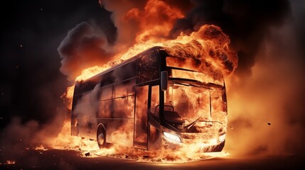 Billowing smoke rises from a tour bus engulfed in flames, creating a scene of chaos and danger on the road.
