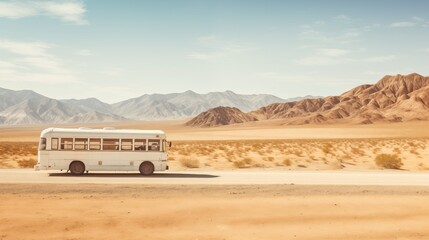 tour bus traverses the desert landscape, journeying towards a tourist destination amidst the vast and awe-inspiring scenery.
