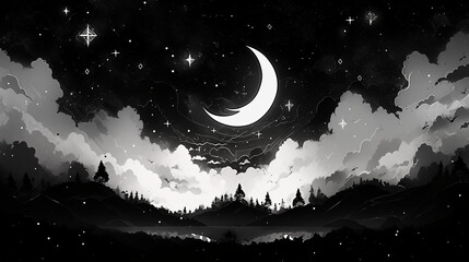 Obraz na płótnie Canvas 夜の月と星空のあるモノクロの世界