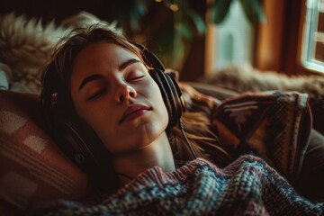 Young woman relishing music with headphones in cozy home corner, immersed in sound world