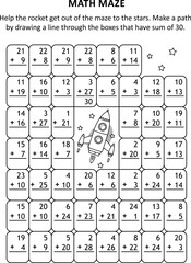 Math maze with rocket or spaceship. Make a path by drawing a line through the boxes that have sum of 30.
