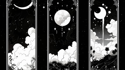 夜の月と星空のあるモノクロの世界