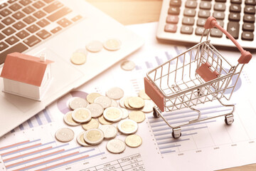 Coins, shopping carts, small houses, laptops, and calculators placed on data sheets