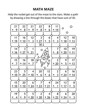 Math maze with rocket or spaceship. Make a path by drawing a line through the boxes that have sum of 30.
