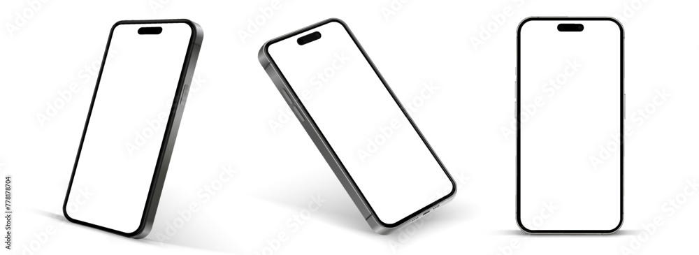 Leinwandbilder 3D realistic high quality smartphone mockup with isolated background. Smart phone mockup collection. Device front view. 3D mobile phone with shadow on white background.