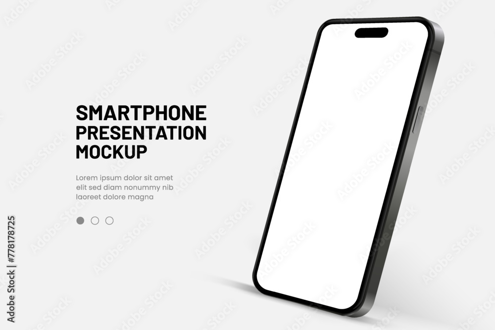 Poster 3D realistic high quality smartphone mockup with isolated background. Smart phone mockup collection. Device front view. 3D mobile phone with shadow on white background.
