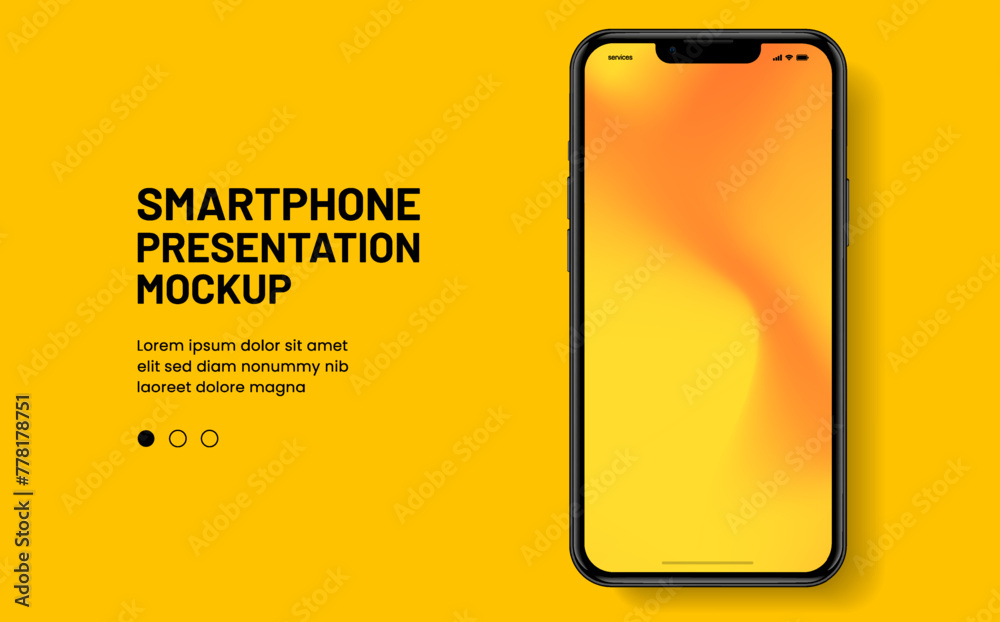 Poster 3D realistic high quality smartphone mockup with isolated background. Smart phone mockup collection. Device front view. 3D mobile phone with shadow on white background.