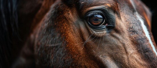 Close-up of horse's eye on dark background
