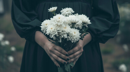 喪服を着て白い菊の花を手に持つ女性の手元のクローズアップ写真 - obrazy, fototapety, plakaty