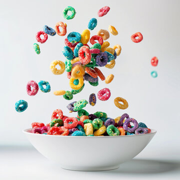 Colorful cereal loops mid-air above a white bowl against a plain background.