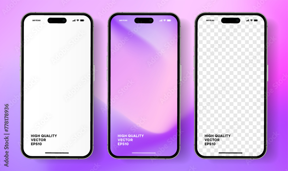 Poster 3D realistic high quality smartphone mockup with isolated background. Smart phone mockup collection. Device front view. 3D mobile phone with shadow on white background.