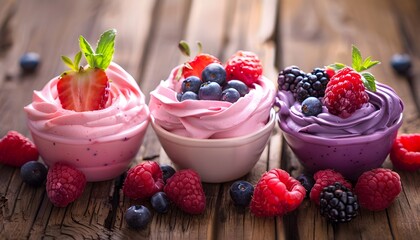 Homemade fruit yogurts with fresh berries on a wooden table.