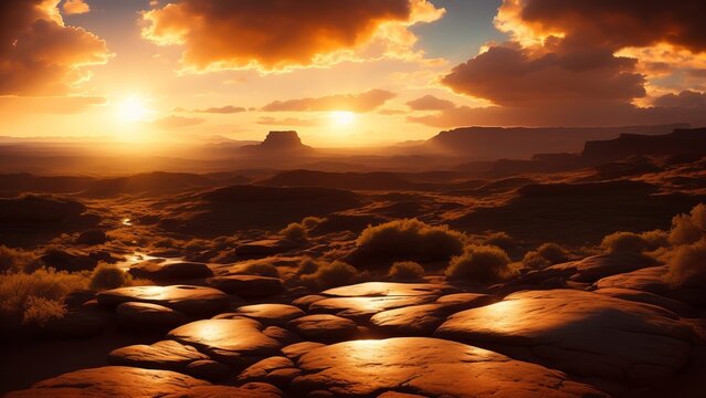 A steel sky over a rocky desert. Fantastic landscape with mysterious formations on a desert planet. Creative, AI Generated