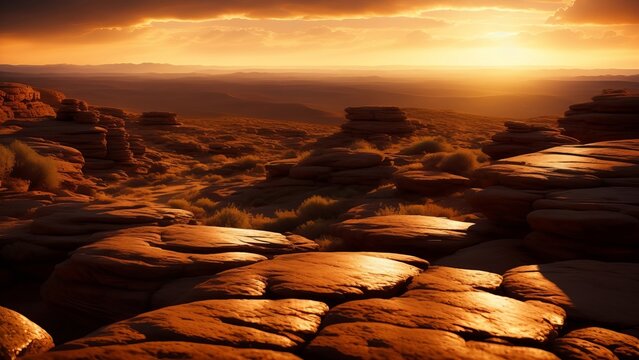 A steel sky over a rocky desert. Fantastic landscape with mysterious formations on a desert planet. Creative, AI Generated