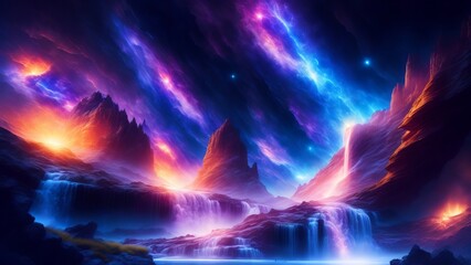Galactic waterfalls falling from the heavens on a fantasy planet. An image of the power and magnificence of a natural phenomenon in a distant galaxy. Creative, AI Generated - obrazy, fototapety, plakaty