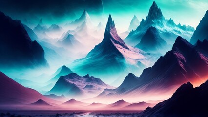 Crystal mountains rising above misty valleys on an alien planet. An image of greatness and beauty in a world where man has never set foot. Creative, AI Generated
