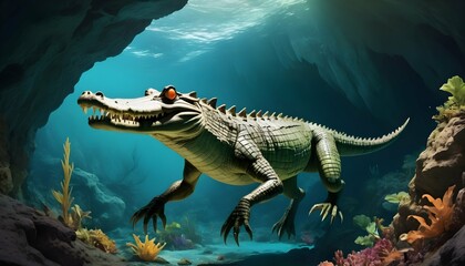 A-Crocodile-With-A-Snorkel-Exploring-Underwater-C- - obrazy, fototapety, plakaty