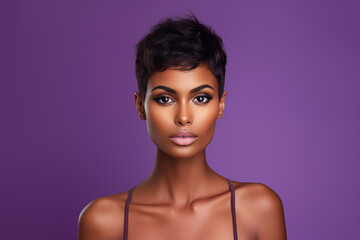 Studio portrait of beautiful fashion african dark skin young woman with very short hair style on colour background