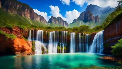 Picturesque waterfalls amidst lush vegetation. Breathtaking views of the planet's fantastic water formations and exotic vegetation. Creative, AI Generated - obrazy, fototapety, plakaty