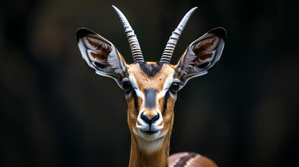 a gazelle in close-up. Against a dark background, the gazelle’s features come to life - obrazy, fototapety, plakaty