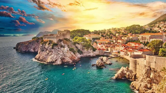 Cinemagraph of Fort Lovrijenac from the top walls of Dubrovnik city of Croatia. Looking Fort Lovrijenac fortress, over the West Harbour. Dubrovnik historic city of Croatia in Dalmatia. UNESCO Site.
