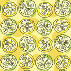 Hand drawn geometric pattern of lemon, lime slices on light yellow background. Vector seamless doodle.